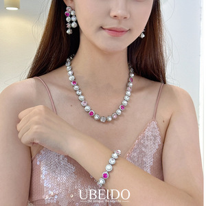 Set Perhiasan Kalung, Anting, dan Gelang Mutiara Pink dan Putih Mewah dengan Zirkonia Kubik untuk Pesta Pernikahan Pengantin Wanita, Hadiah Fashion - Product Image 2