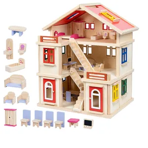 Brinquedo educativo de alta qualidade, madeira 3 pisos móveis completos da boneca das crianças pequenas