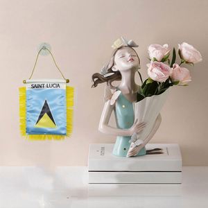 Drapeau de voiture miniature personnalisé Sainte-Lucie en satin avec pompons jaunes, impression numérique, en polyester et plastique, pour usage automobile - Product Image 2