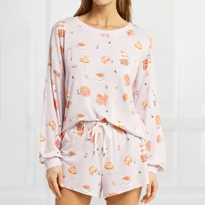 新款时尚女式睡衣夏季睡衣女式全印花涤纶人造丝睡衣套装
