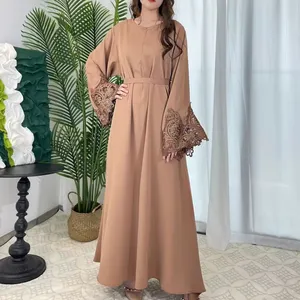 YWQS New Solid Color With Floral Lace Hand Sleeve With Zipper Dresses Plus Size Women's Clothing abaya Muslim abaya islamic