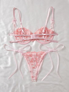 Pink Lace Embroidery Women's Lingerie <b>Set</b> Push Up Bra and Thong <b>Set</b> Womens Intimates <b>Sexy</b> Underwear With Bow Detail - Product Image 4