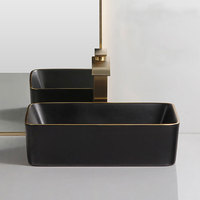 Lavabo de salle de bains en porcelaine moderne, vaisselle sanitaire, lavabo de salle de bains en céramique noir et or mat, lavabo artistique en or
