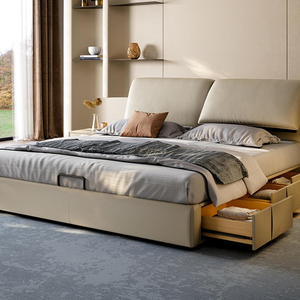 COSTFULL Modern Genuine Leather Headboard Adjustable Wooden <strong>Bed</strong> Frame with Storage <strong>Back</strong> <strong>Rest</strong> Cushion Upholstered <strong>Bed</strong> <strong>for</strong> Bedroom - Product Image 5