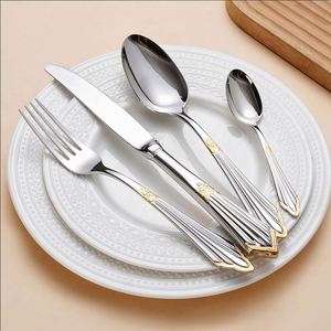 Ensemble de couverts de luxe en acier inoxydable 304 plaqué or gaufré avec manche triangulaire (couteau à steak, fourchette, cuillère) - Product Image 1