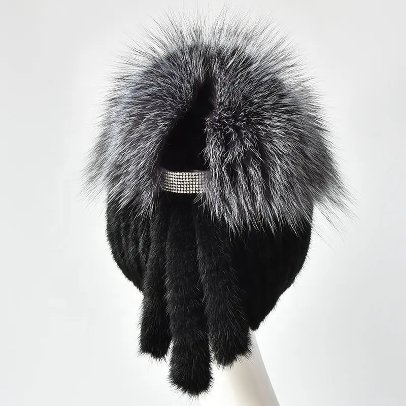 Hand Woven Women Winter Mink Fur Hats Real Fox Fur Female Earflap Beanie Cute Fur Tail Outdoor Ski Caps Factory Wholesale