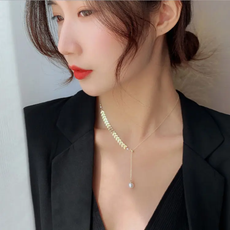 Kalung wanita personalisasi, Set kalung mutiara rumbai liontin rantai kalung Korea paduan emas pesta MST perhiasan uniseks 2 buah 2021