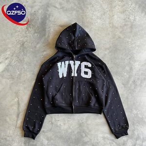 QZFSO Fabricant Noir 400 GSM Zipper Personnalisé Strass Logo Recadrée En Détresse Applique Broderie Fermeture Éclair Complète Sweat À Capuche Unisexe - Product Image 1