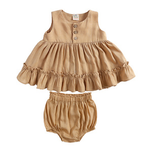 Vestido de verano para niñas, algodón y lino, chaleco para niñas, falda con volantes, enagua, falda de princesa, pantalones de pan, conjunto de ropa Bloomer para bebés - Product Image 2