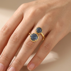 Natural blue opal gemstone <b>ring</b> double round stone glossy <b>ring</b> prong <b>set</b> designer textured gold plating <b>ring</b> for regular wear - Product Image 2