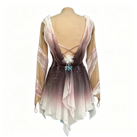Robe de performance en mousseline irrégulière à manches longues, dégradé rose-brun, ornée de strass, pour patinage artistique