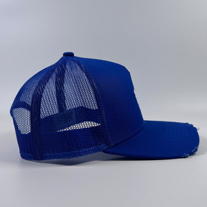 Haute qualité un cadre coton 5 panneaux structuré casquette de camionneur personnalisé brodé déchiré bord maille Baseball chapeaux hommes <span class=keywords><strong>bleu</strong></span> <span class=keywords><strong>Snapback</strong></span> - Product Image 4