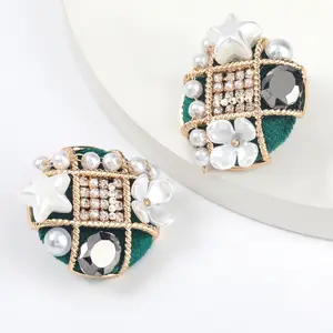 Creative round flannel alloy diamond and pearl resin star flower earrings