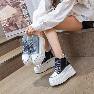 รองเท้าแพลตฟอร์มส้นสูงของผู้หญิงรองเท้าผ้าแคนวาสบนหนัง PU สไตล์2025ใหม่ฤดูใบไม้ร่วงรองเท้าอเนกประสงค์ลำลองซ่อนส้นรองเท้าผ้ายีนส์ - Product Image 2