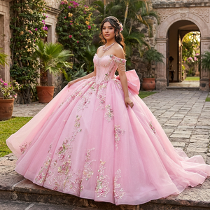 Jancember MCD02 Vestido de Quinceañera Estilo Princesa en Rosa con Hombros Descubiertos y Flores para Baile de 15 Años con Lazo - Product Image 1