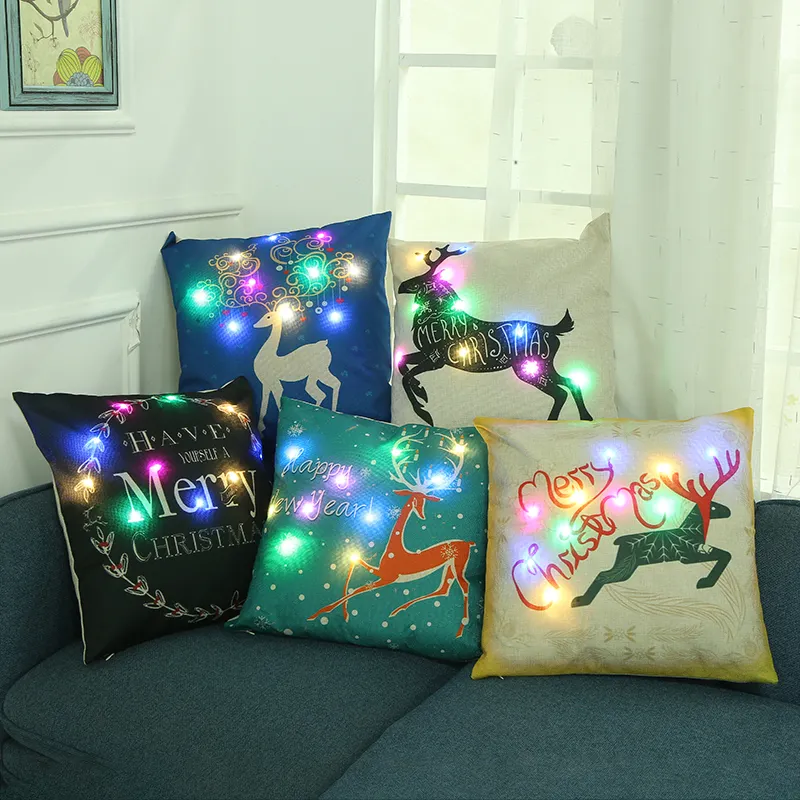 Christmas Pillow Multicolor LED Light Pillow Case Creative Printed Linen Pillow Case Factory Wholesale