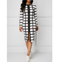 Plus Size Slanke Full Mouwen Rits O-hals Plaid Casual Dress Lady
