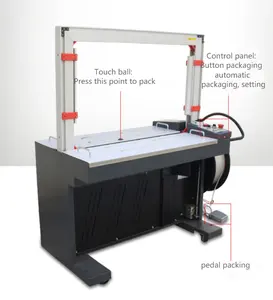 Máquina automática de embalaje de cartón para exportación, flejadora de cinta de PP de fusión en caliente, mesa alta