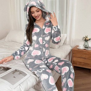 Comodo <span class=keywords><strong>Pigiama</strong></span> da <span class=keywords><strong>Donna</strong></span> in Pile di Cotone con Cappuccio e Orecchie, per Uso Familiare e Casual - Product Image 3