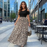Vestido Maxi Personalizado con Estampado de Leopardo, Hombros Descubiertos, Diseño de Parches, Top Negro de Manga Corta, Cintura Alta, Dos Tonos, Verano, Sexy, OEM, ODM