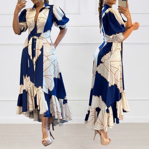 Vestido Elegante Asimétrico de Manga Corta con Estampado Tipo Camisa y Cintura Alta para Mujer - Product Image 1