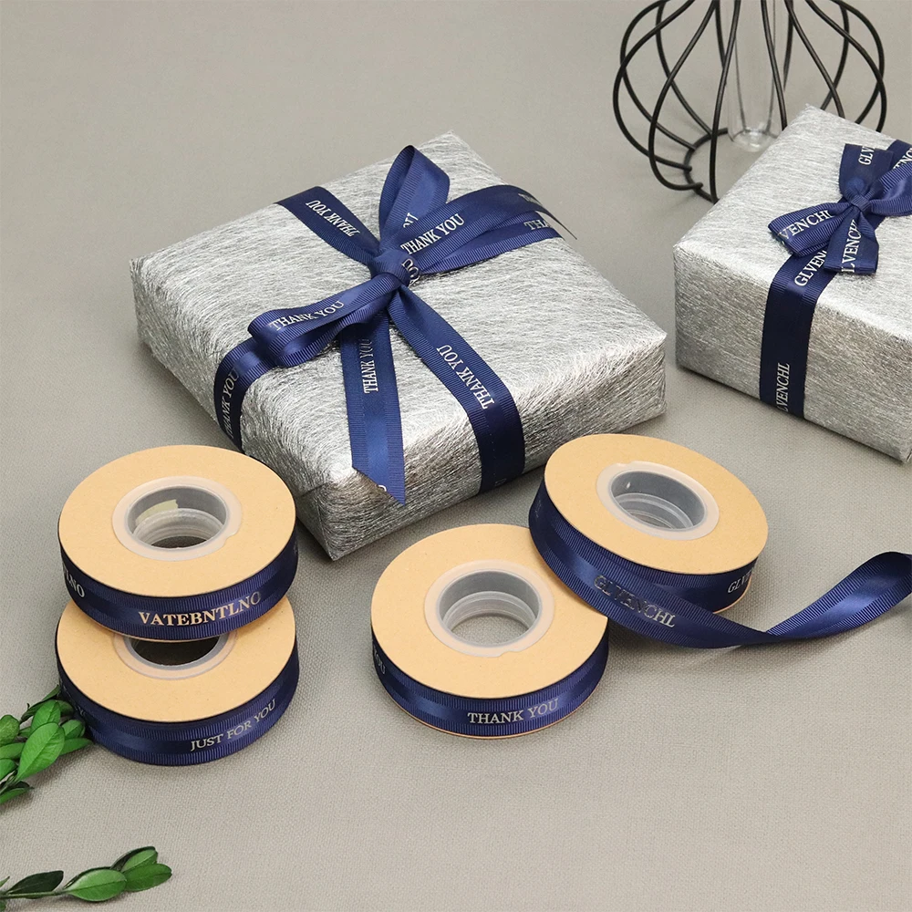 25mm Customized Blue Satin Ribbon New Thank You 3D Printed Silver Custom Ribbon 100% Polyester Ribbons with logo Thank You