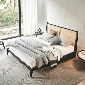 新设计经典卧室酒店床头板藤编室内家具现代实心橡木木床架