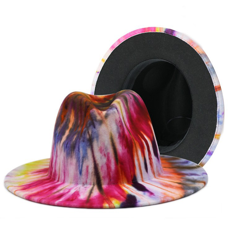 Tie-dye Wide Brim Fedora Hats for Women Multicolor Felt Panama Hat Gossifan Tie-dye Wide Brim Fedora Hats for Women Multicolor  main image 4