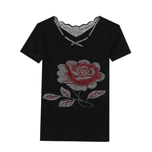 Femmes imprimé fleuri strass brillant paillettes entrecroisé vêtements <span class=keywords><strong>Rock</strong></span> Tee hauts discothèque à manches courtes chemises fête T-shirt - Product Image 6