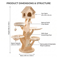 Arbre à chat moderne de luxe en bois avec capsule spatiale, multi-niveaux, style nordique minimaliste, OEM/ODM