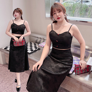 Conjunto de Falda y Camisola Talla Grande Happy Hut, Cintura Alta, Estampado en Relieve, Sin Tirantes, para Mujer, N8234 - Product Image 1