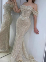 S3151F 2026 Nouvelle Robe de Soirée Sirène Ajustée en Dentelle Pailletée à Épaules Dénudées pour Femme.