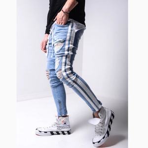 กางเกงยีนส์เดนิมทรงสกินนี่ขาดๆ แต่งซิปข้างสีน้ำเงินฟอก พร้อมแถบข้างสีขาว สำหรับผู้ชาย คุณภาพสูง ขายส่ง - Product Image 5