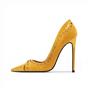Nouveau à la mode femmes bout pointu talons hauts PU et <span class=keywords><strong>Faux</strong></span> daim mixte découpe conception Rivet décor soirée pompes - Product Image 5