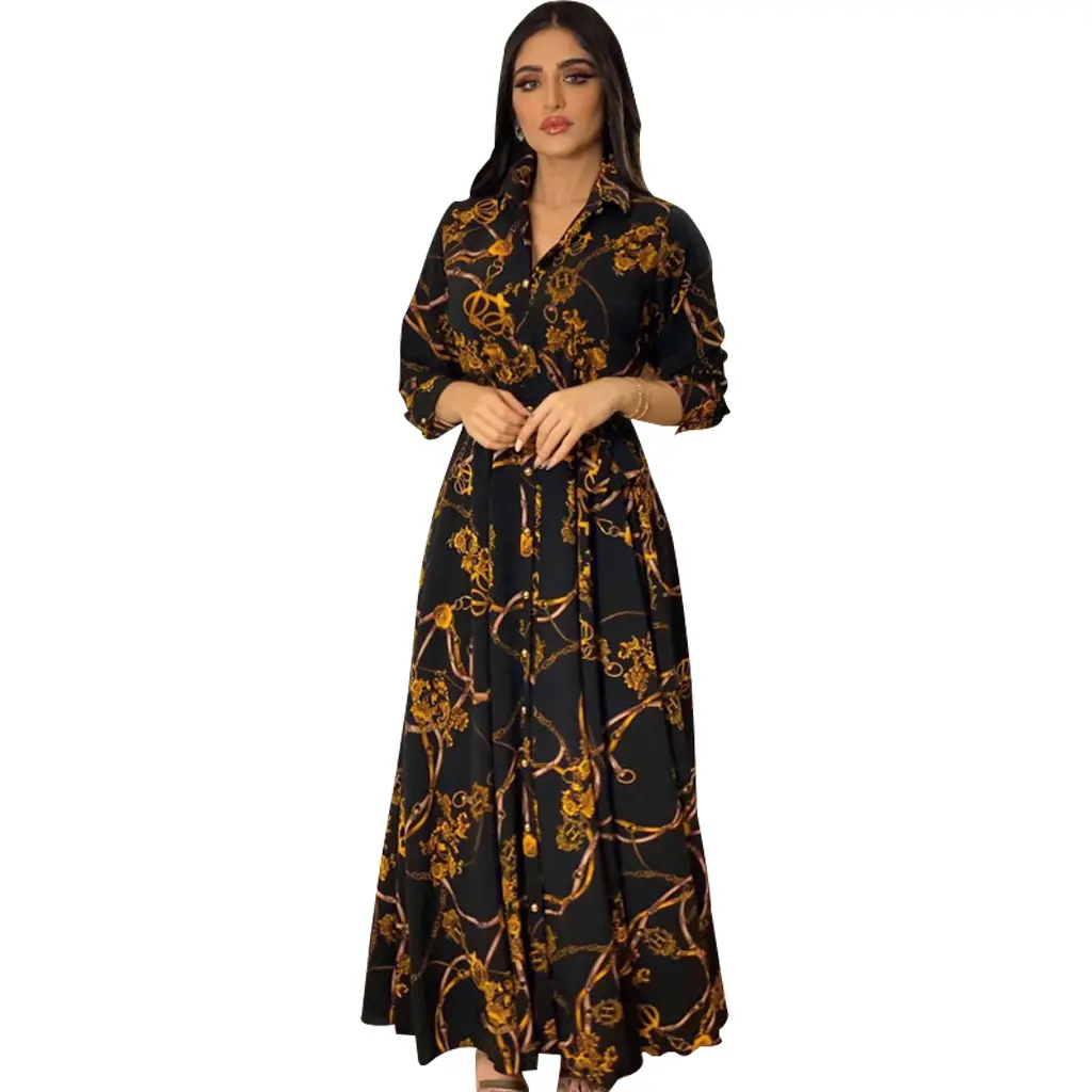 인쇄 가운 두바이 플러스 사이즈 스윙 스트레치 긴 드레스 숙녀 이슬람 의류 캐주얼 연회 날짜 Abaya 드레스