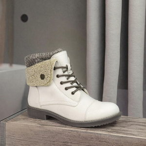 Botas de combate occidentales plegables de media pantorrilla para mujer, parte superior de PU, cierre frontal con cordones, patrón liso, forro interior, puntera plana, TPR - Product Image 3