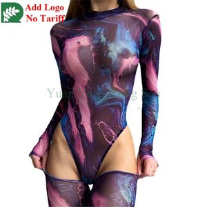 Nuevo vestido de mujer dividido sexy pequeño cuello alto manga larga malla transpirable tie-dye ropa de mujer - Product Image 4