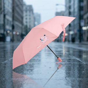 Parapluie pliable 3 sections en polyester 55 cm pour enfants, motif Jigglypuff Corail LUPMU70001, 8 baleines, compact et portable, dessin animé anime - Product Image 3