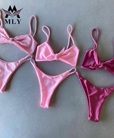 MLY Nouveau Maillot de Bain Deux Pièces Couleur Unie Sexy avec Dentelle, Bikini Triangle Dos Nu et Bandeau pour Femme Tendance