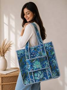 Blue Floral Quilted Cotton Tote Bag Shoulder <b>Handbag</b> <b>Large</b> Capacity Reusable Shopping Travel Bag for <b>Women</b> - Product Image 1