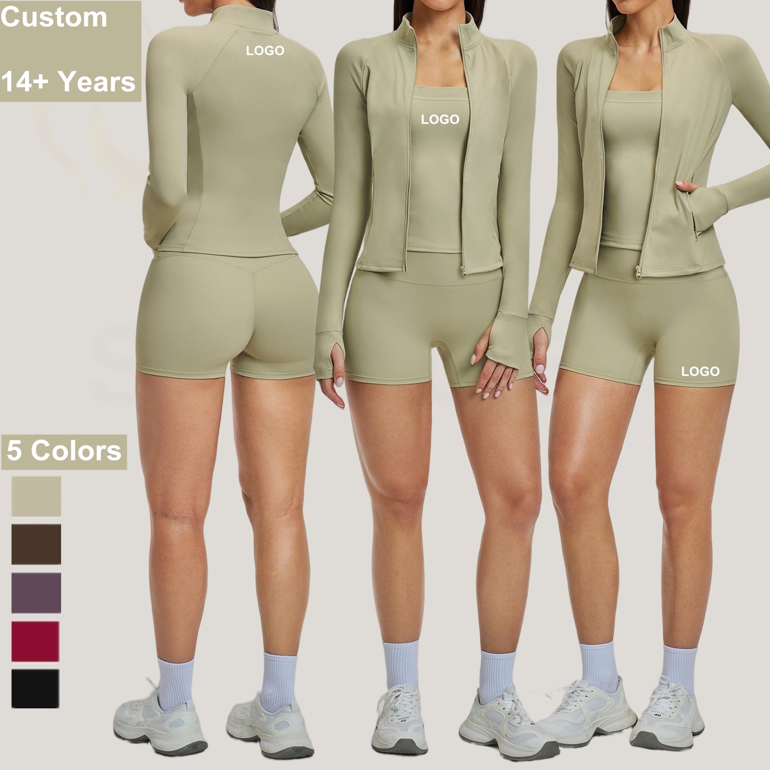 Activewear Set Newly Sport Shorts Long Sleeve Zipper Jacket Tank Top Gym Clothing Breathable 2 Piece Yoga Women Workout Set