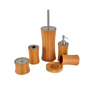 Séries en bambou, 5 pièces, kit de décoration de salle de bains avec distributeur de brosse de toilette
