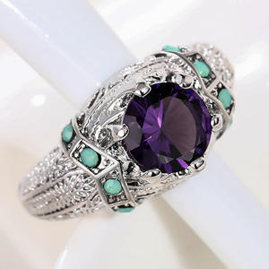 Anello da Cocktail H418 per Donna con Ametista Naturale Rotonda, Montatura a Griffe, Motivo Floreale, Anello di Fidanzamento alla Moda - Product Image 5