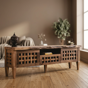 Meuble TV moderne en bois massif finition noyer, console avec motif en treillis, armoire de rangement au sol pour salon - Product Image 3