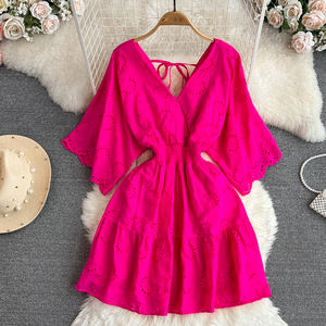 Blanc/violet/bleu col en V été nouvelle dentelle broderie robe femmes manches courtes robes femme Vintage fête plage robes mi-longues - Product Image 2