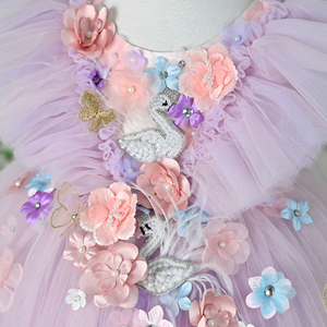 Piccola gonna floreale con maniche volanti gonna abito viola da principessa per bambina con paillettes con perla cigno <span class=keywords><strong>farfalla</strong></span> abito da ragazza fiore - Product Image 6