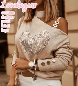 Loveda ODM OEM Women Fancy Long Sleeve Shirt Soft Off Shoulder Khaki Sequin Heart Print Ribbed Knitted Top