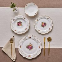 Service de table 24 pièces en porcelaine fine écologique avec motifs floraux dorés pour 6 personnes