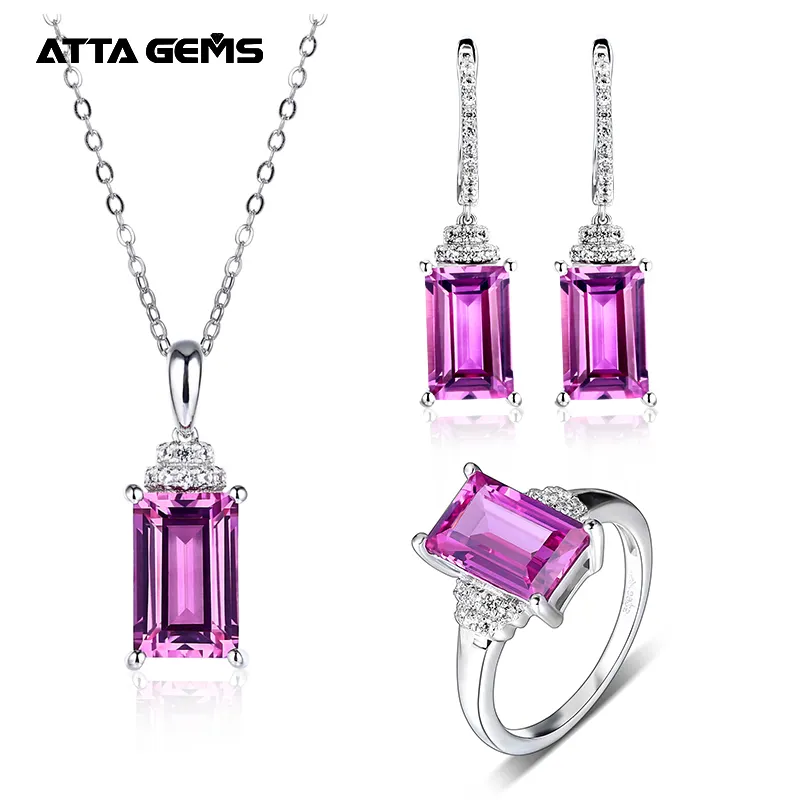 12.8 Carats Purple Sapphire Gemstones Pendant Earrings Ring 925 Sterling Silver Purple Crystal Jewelry Sets Engagement Wedding