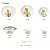Service de table en verre opale 33 pièces, bord ondulé, motif floral tulipe, assiettes, bols et plats à gratin en verre résistant à la chaleur pour les repas en famille à la maison